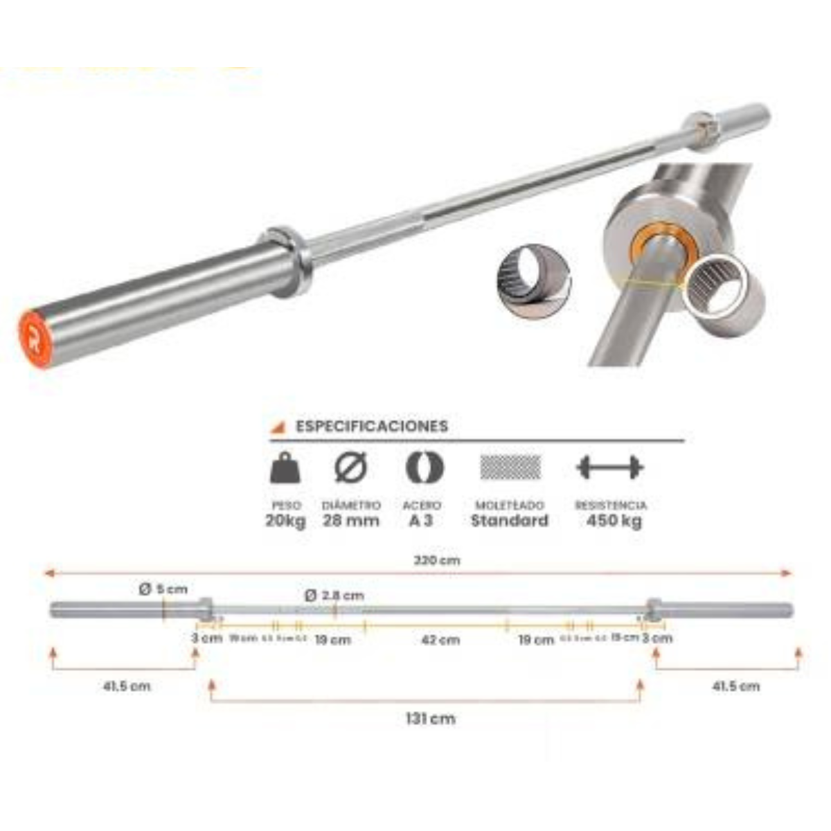 Barra Olímpica 20 Kg Profesional 4 Rodamientos 2.2 Mts Rhino