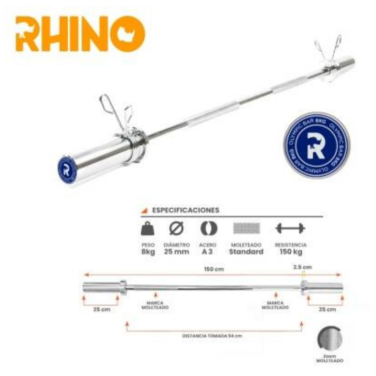 Barra Olimpica 1,5mts Profesional Crossfit Funcional Rhino
