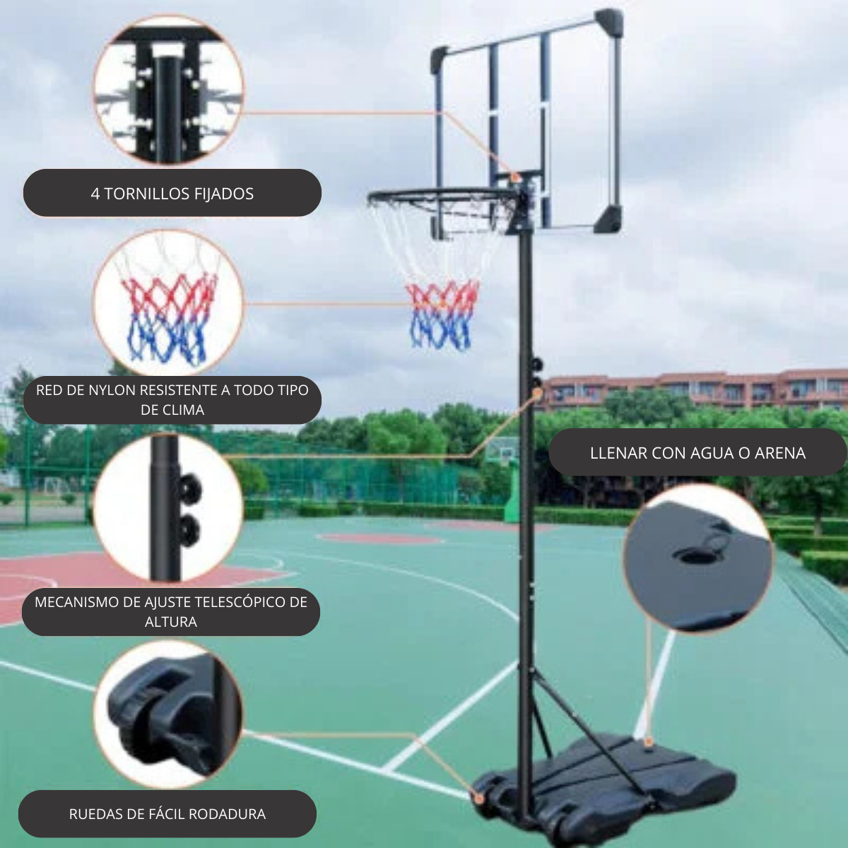 Tablero de Basquet con Pie Altura Ajustable - 3.05m