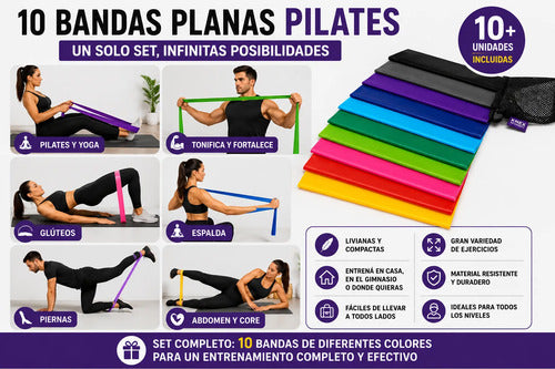 Set X10 Bandas Elásticas Planas Pilates Yoga Fitness Látex Surtido