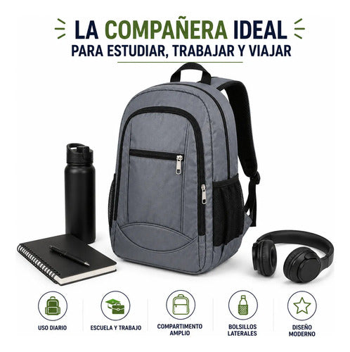 Mochila Escolar Universitaria Negra Reforzada Uso Diario Gris Liso