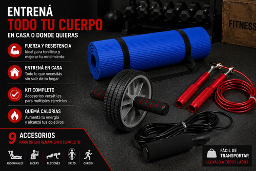 Kit Fitness 4 En 1 Colchoneta Rueda Abdominal Cuerda Saltar Surtido