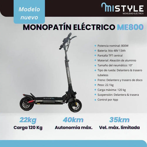 Scooter Eléctrico Mistyle Me800 Con 800w, Plegable Y Control Por App Negro