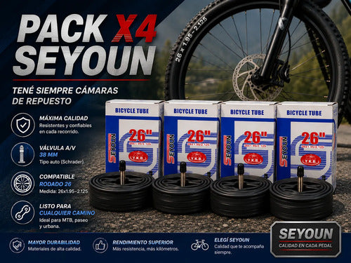 Pack X4 Cámaras Bicicleta Rodado 26 1.95/2.125 Válvula A/v Schrader Negro