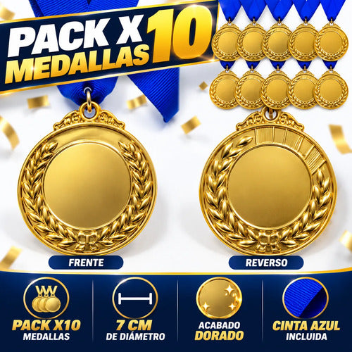 Pack X10 Medallas Deportivas 7 Cm Doradas Con Cinta