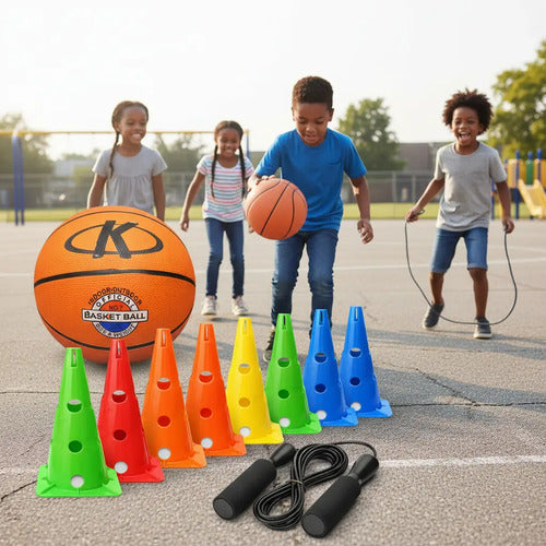 Set 8 Conos Entrenamiento Agilidad 30 Cm + Pelota Básquet N5 Surtido