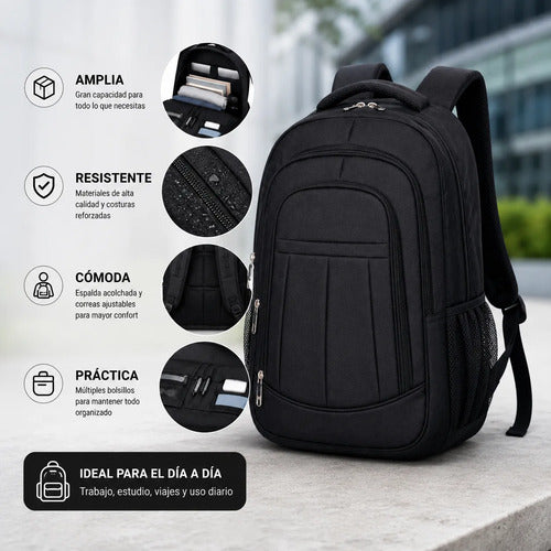 Mochila Escolar Universitaria Reforzada Negra 25l Viaje Negro Lisa