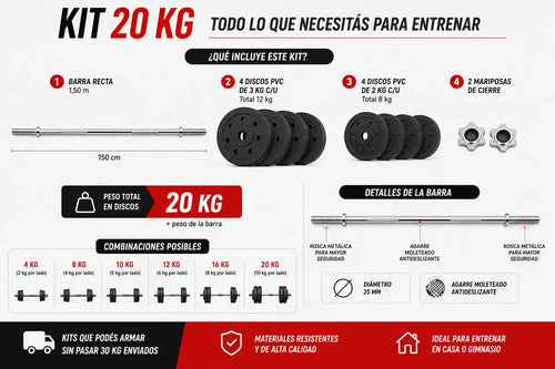 Kit Pesas Barra Recta Discos Pvc Cemento Gimnasio Fitness Barra 1.50 M 4x3 Kg 4x2 Kg