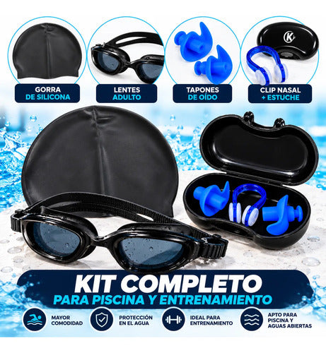 Set Natación Completo Gorra Silicona + Tapones Negro Liso M