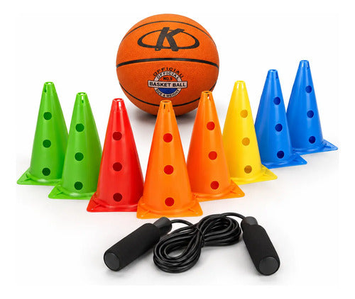 Set 8 Conos Entrenamiento Agilidad 30 Cm + Pelota Básquet N5 Surtido