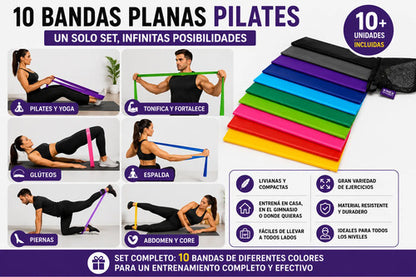 Set X10 Bandas Elásticas Planas Pilates Yoga Fitness Látex Surtido
