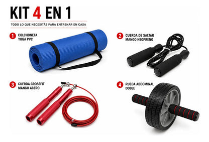 Kit Fitness 4 En 1 Colchoneta Rueda Abdominal Cuerda Saltar Surtido
