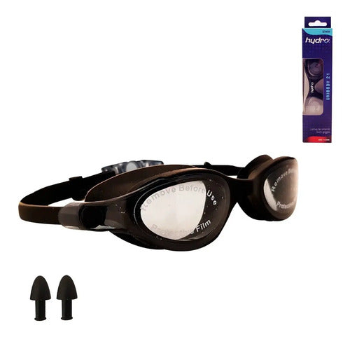 Antiparras Hydro Unibody + Tapones Lente Natacion Antifog Uv Color Negro