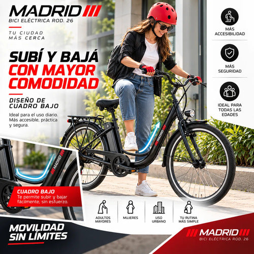 Bicicleta Eléctrica Madrid Rodado 26 250w 36v + Regalos Negro M