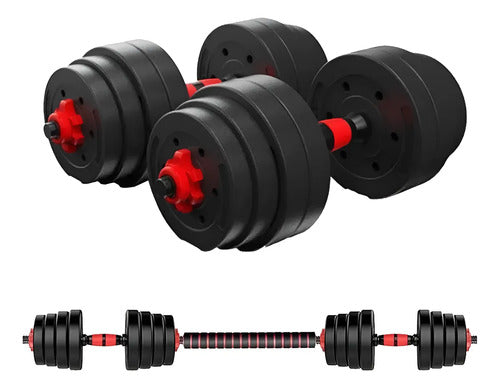 Kit Set Barras 2 Mancuernas + Discos 20kg 3 En 1 Negro