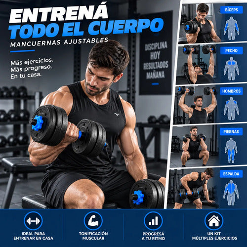 Kit 30kg Barras Mancuernas Discos Forrados Fitness Azul