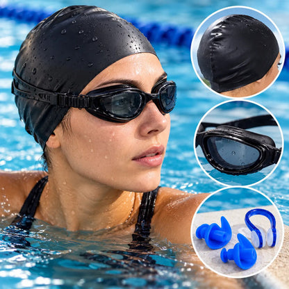 Set Natación Completo Gorra Silicona + Tapones Negro Liso M