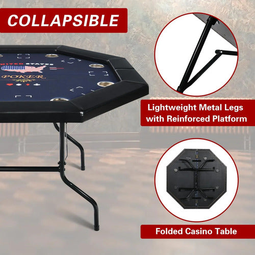 Mesa Poker Profesional Plegable 8 Personas Con Portavasos Azul Oscuro