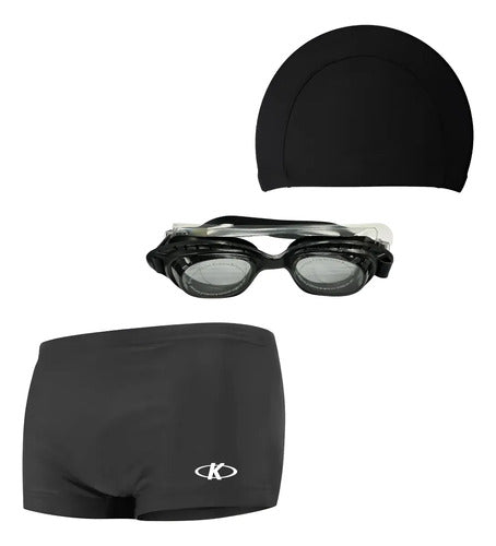 Set Lentes Natación + Gorra Tela + Boxer Corto Natación Negro