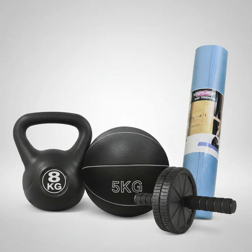 Set Rueda Abdominal+pesa Rusa 8kg Medicine Ball+colchoneta Negro