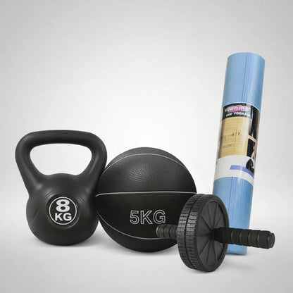 Set Rueda Abdominal+pesa Rusa 8kg Medicine Ball+colchoneta Negro