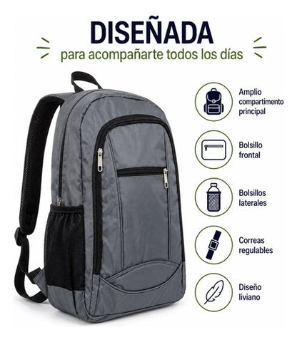 Mochila Escolar Universitaria Negra Reforzada Uso Diario Gris Liso