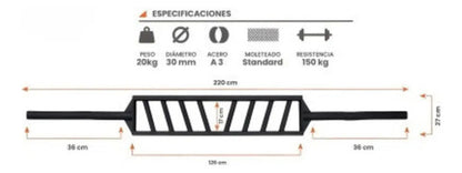 Barra Multi Agarre Olímpica 2,20mts Rhino Negro