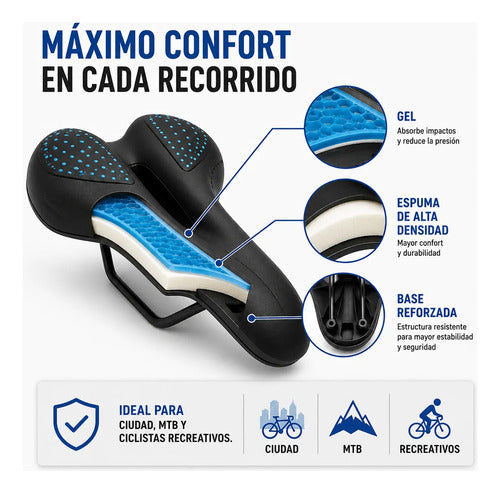 Asiento Bicicleta Mtb Prostático Con Gel Ergonómico Calidad Negro 16.5 Cm