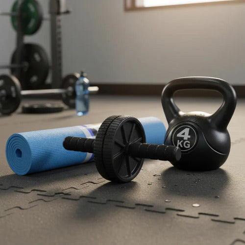 Set Fitness Con Rueda Abdominal, Pesas Rusas Y Colchoneta Multicolor