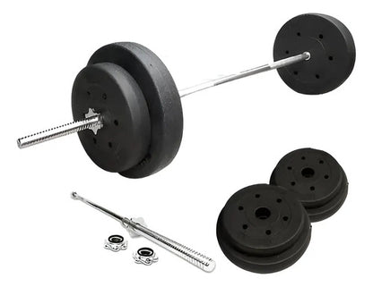 Set Combo Barra Recta 1.50 + Discos Forrados Pvc Total 40kg Aluminio
