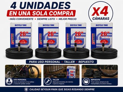 Pack X4 Cámaras Bicicleta Rodado 26 1.95/2.125 Válvula A/v Schrader Negro