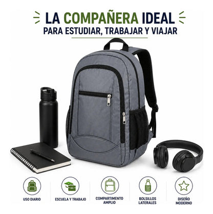 Mochila Escolar Universitaria Negra Reforzada Uso Diario Gris Liso