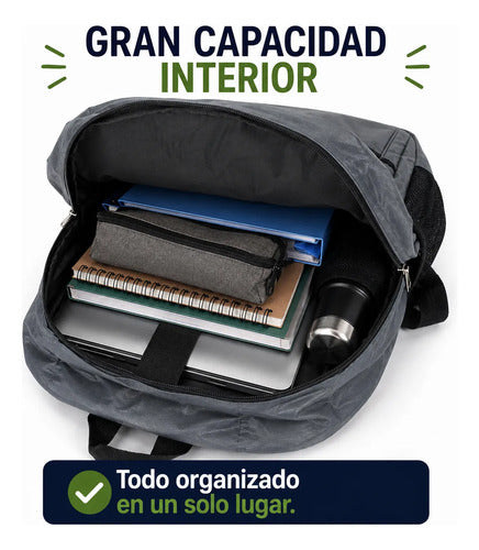 Mochila Escolar Universitaria Negra Reforzada Uso Diario Gris Liso