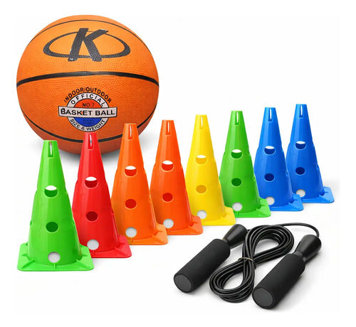 Set 8 Conos Entrenamiento Agilidad 30 Cm + Pelota Básquet N5 Surtido