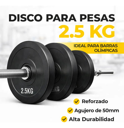 Disco Olímpico Engomado 2.5 Kg Sin Rebote Para Barra Gym Negro