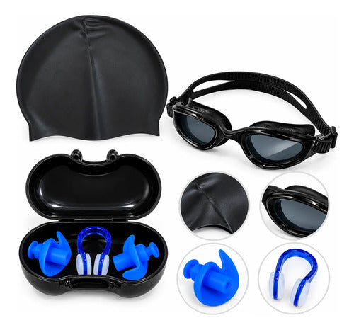 Set Natación Completo Gorra Silicona + Tapones Negro Liso M