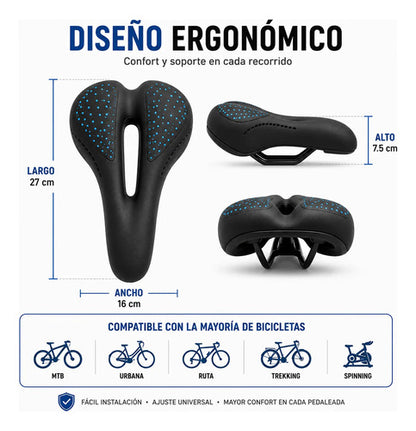 Asiento Bicicleta Mtb Prostático Con Gel Ergonómico Calidad Negro 16.5 Cm