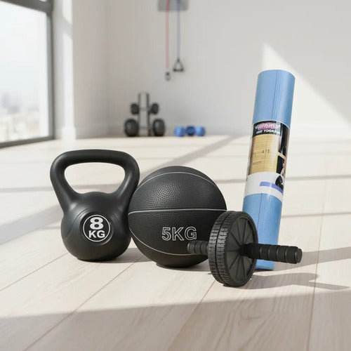 Set Rueda Abdominal+pesa Rusa 8kg Medicine Ball+colchoneta Negro
