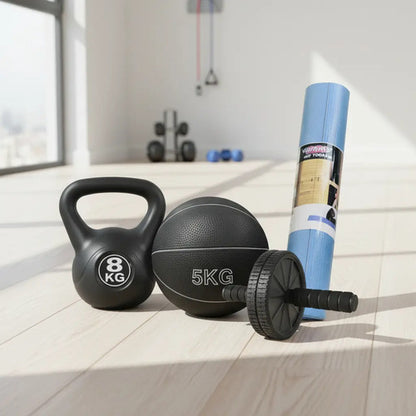 Set Rueda Abdominal+pesa Rusa 8kg Medicine Ball+colchoneta Negro