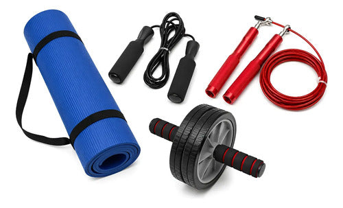 Kit Fitness 4 En 1 Colchoneta Rueda Abdominal Cuerda Saltar Surtido