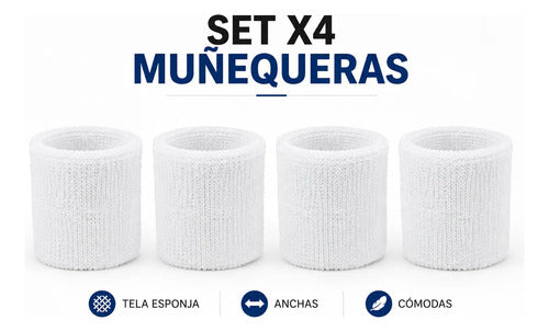 Muñequeras Deportivas Tela Esponja Anchas 10x8cm Set X4 Blanco Unico