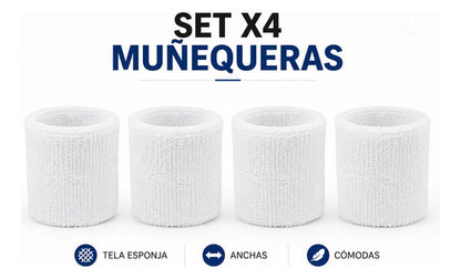 Muñequeras Deportivas Tela Esponja Anchas 10x8cm Set X4 Blanco Unico