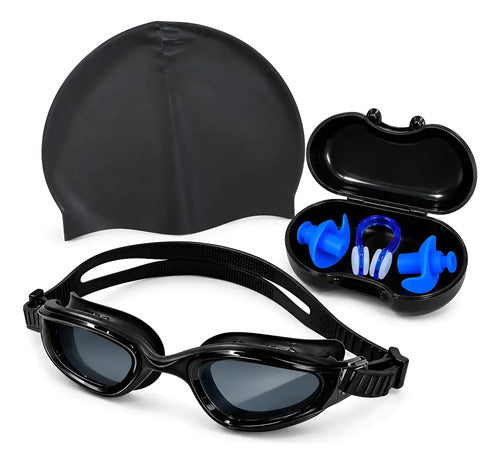 Set Natación Completo Gorra Silicona + Tapones Negro Liso M
