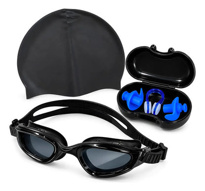 Set Natación Completo Gorra Silicona + Tapones Negro Liso M