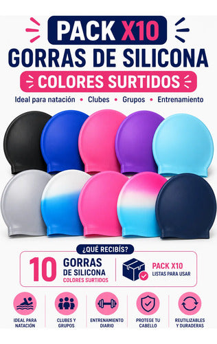 Pack X10 Gorras Natación Silicona Colores Surtidos Piscina Surtido Adulto