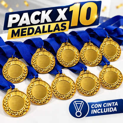Pack X10 Medallas Deportivas 7 Cm Doradas Con Cinta