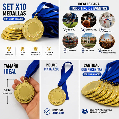 Medalla Trofeo Hierro Con Cinta X 10 Unidades 5 Cm Dorada
