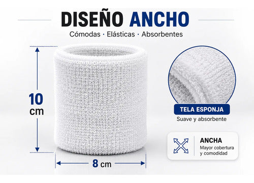Muñequeras Deportivas Tela Esponja Anchas 10x8cm Set X4 Blanco Unico