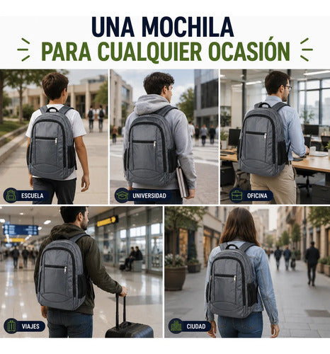 Mochila Escolar Universitaria Negra Reforzada Uso Diario Gris Liso