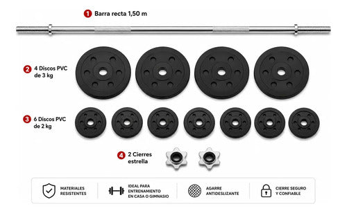 Kit Pesas Barra Recta Discos Pvc Cemento Gimnasio Fitness Barra 150 M 4x3 Kg 6x2 Kg